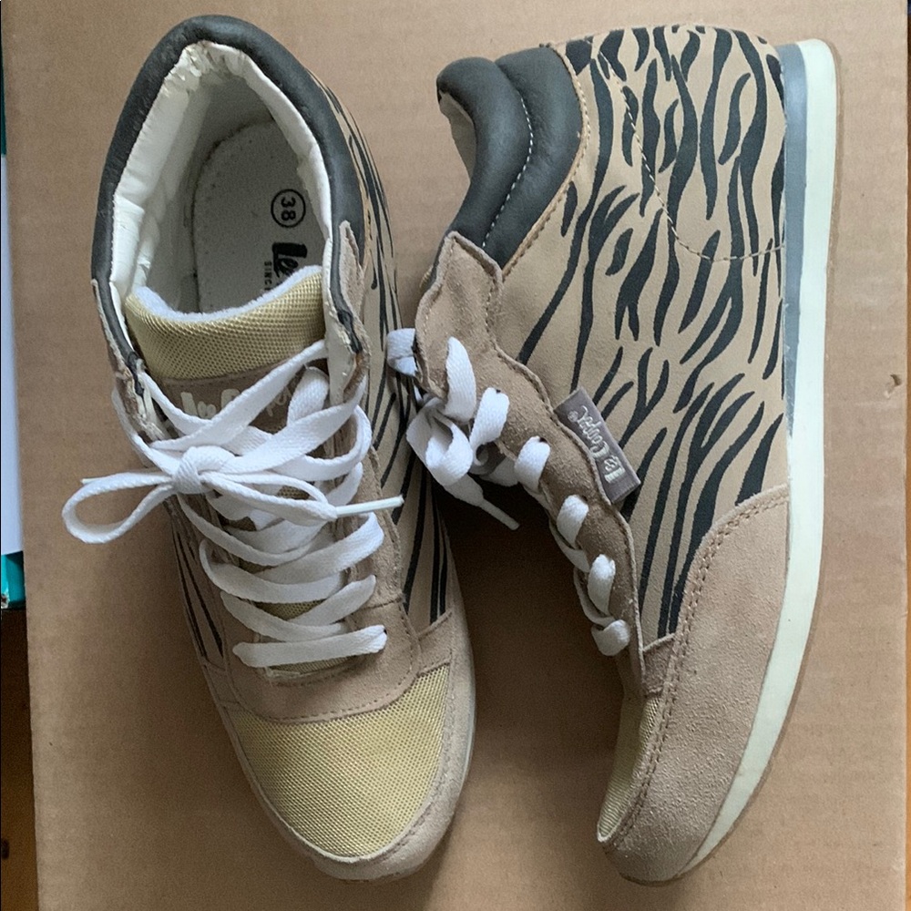Tan and Black Athletic Shoes with Zebra Print